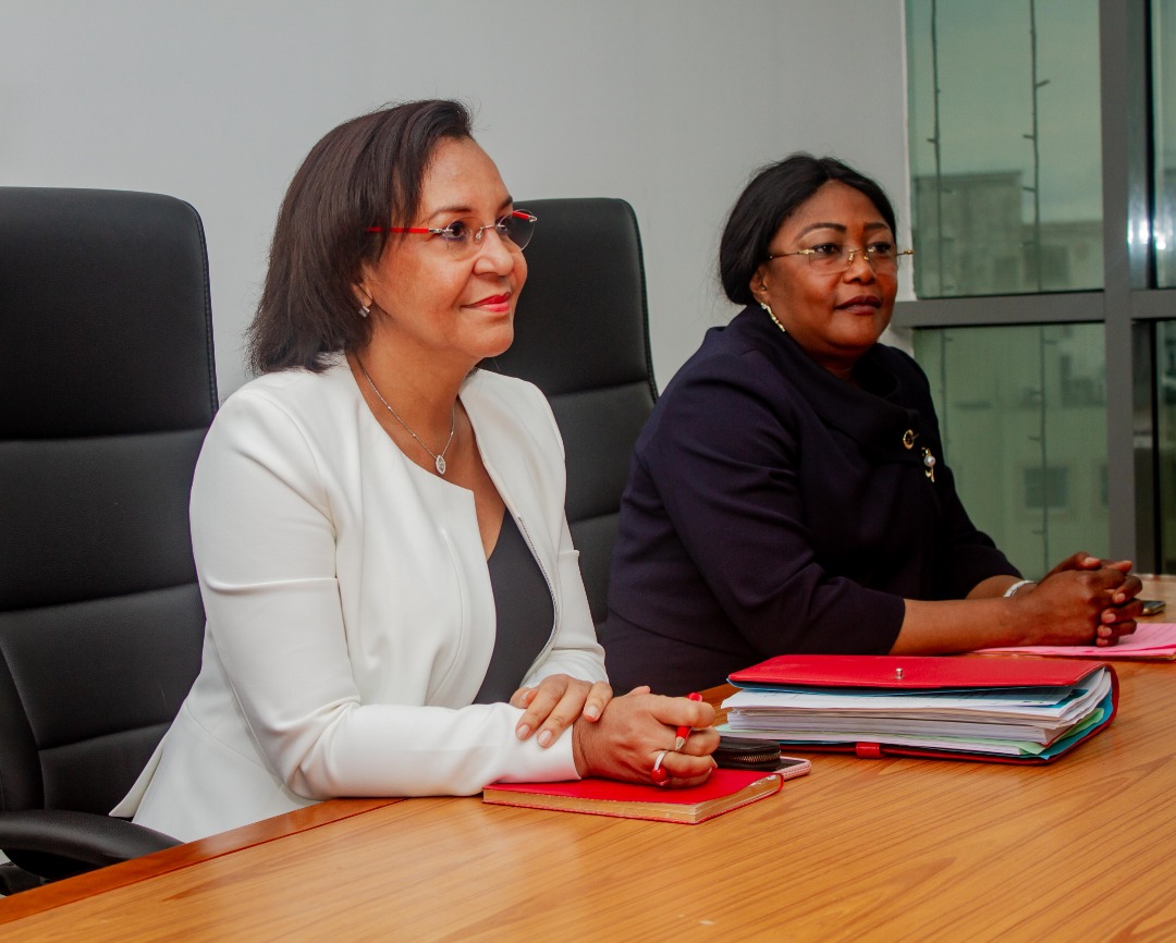 La ministre de l’Emploi, de la Fonction publique, du Travail et de la Formation professionnelle, chargé du dialogue social, Madeleine E. Berre, et sa Déléguée, Gisèle Akoghet durant la séance de travail.