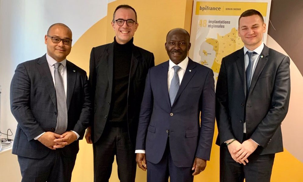 Le PDG de BGFIBank, Henri-Claude Oyima entouré de Francesco De Musso DG de BGFIBank Europe, Pedro Novo directeur exécutif en charge de l’export à BPI France et Bruzzone de-BGFIBank Europe.