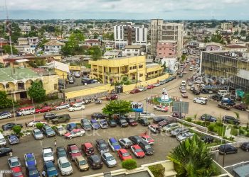 Panoramic of a square with cars in the African city of Libreville, capital of Gabon