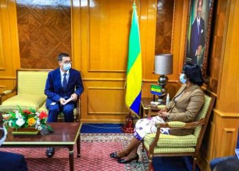 Le Directeur général adjoint de Bolloré Africa Logistics, Stanislas de Saint Louvent durant les échanges avec le Premier ministre, Rose Christiane Ossouka Raponda.
