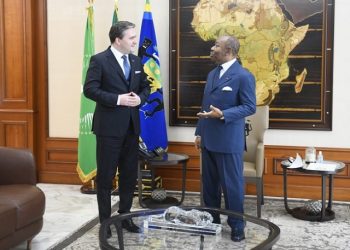 Le chef de l’Etat gabonais, Ali Bongo Ondimba et le ministre serbe des Affaires étrangères, Nikola Selakovic..