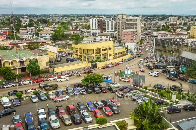 Panoramic of a square with cars in the African city of Libreville, capital of Gabon