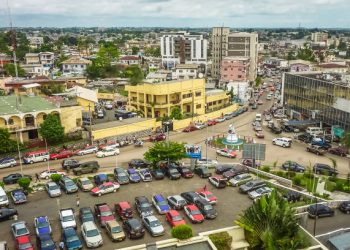 Panoramic of a square with cars in the African city of Libreville, capital of Gabon