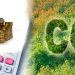 Cost about CO2 reduction - concept image with CO2 text against woodland and calculator.