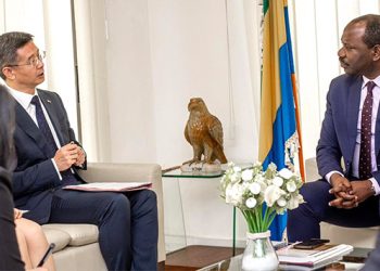 Le ministre Hugues Mbadinga Madiya s’entretenant avec l'ambassadeur de Chine au Gabon, Li JinJin